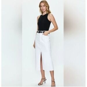 OAT‎ New York White Denim Maxi Skirt With Front Slit Raw Hem Size 8 29